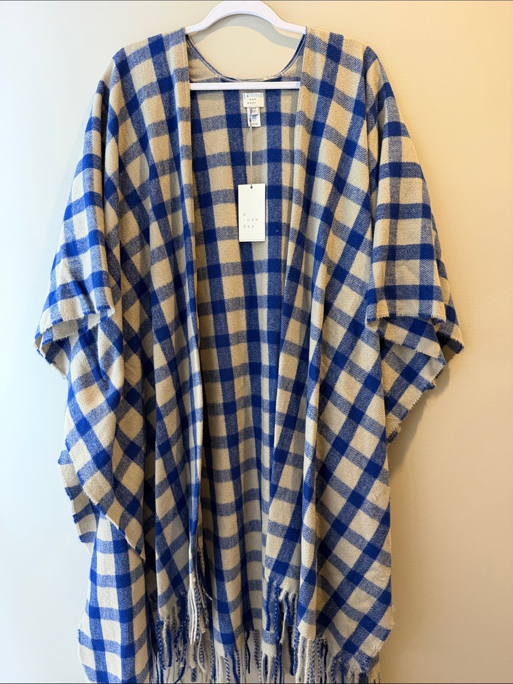 A New Day Buffalo Check Plaid Fringe Ruana Wrap in Blue, One Size NWT